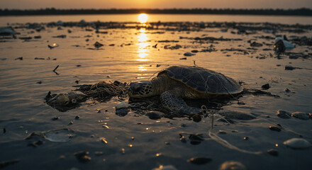 Fototapeta premium Turtle in fishing net in plastic-filled bay