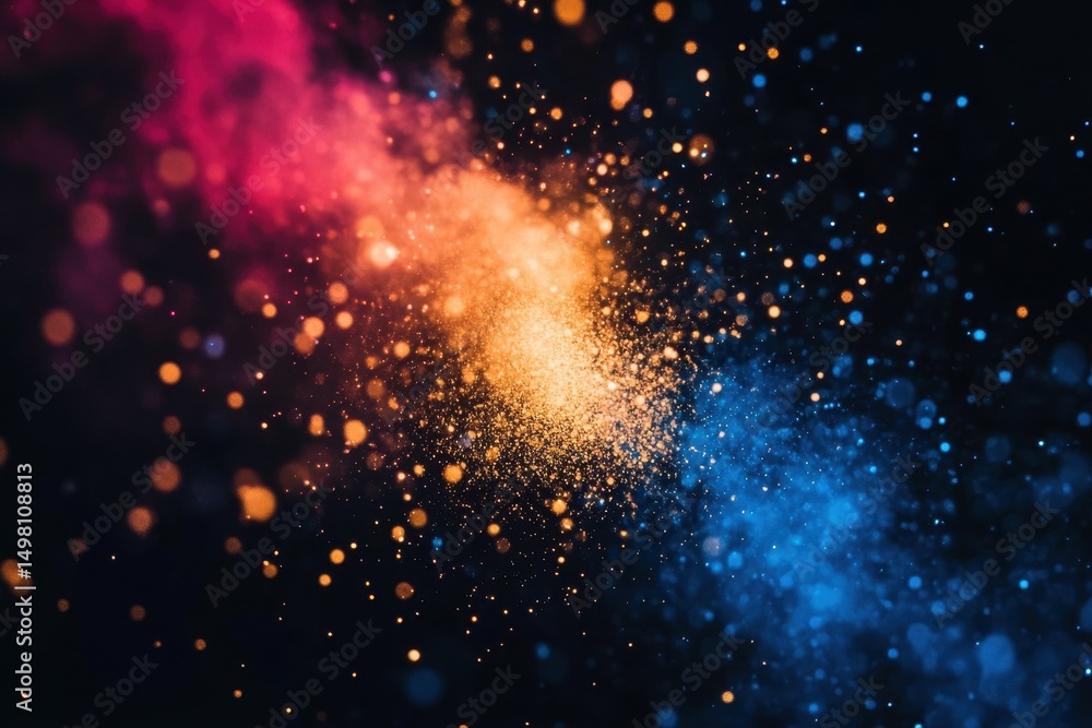 Poster colorful particles dance in slow motion against a dark backdrop creating a mesmerizing visual experi