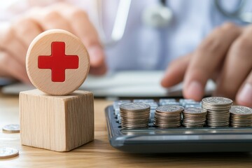 Medical costs. Doctor's hands near wooden blocks with a red plus sign, coins, and a calculator on a desk