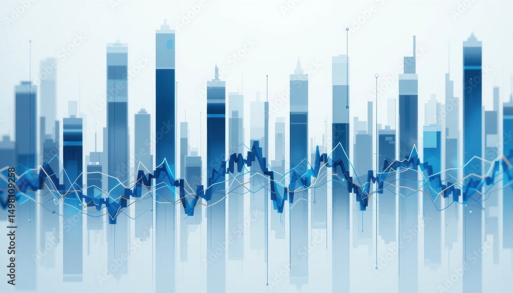 Poster abstract stock market data visualization blue bar chart and line graph