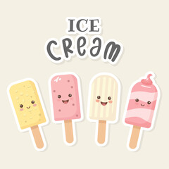 Vector Set of 4 Cute Kawaii Ice Cream Stickers – Colorful Pastel Popsicles for Kids, Summer, Holidays and Seasonal Design
