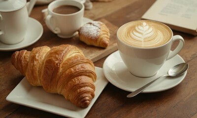 Delicious croissants and coffee are displayed on a wooden table, offering a tempting breakfast or snack scene