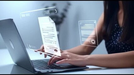 Woman interacts with holographic digital interface projected from laptop. Virtual documents float in transparent display. Modern technology enables paperless workflow and data analysis. Futuristic - Powered by Adobe