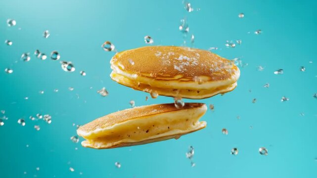 Dynamic pancake flip with water splash against blue background in slow motion
