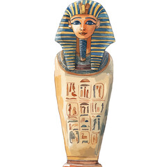 Detailed Egyptian Sarcophagus with Blue and Gold Striped Headdress and Hieroglyphs