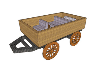 Trolley, trailer to the car, wooden sides, seat, 3D model, on a transparent background