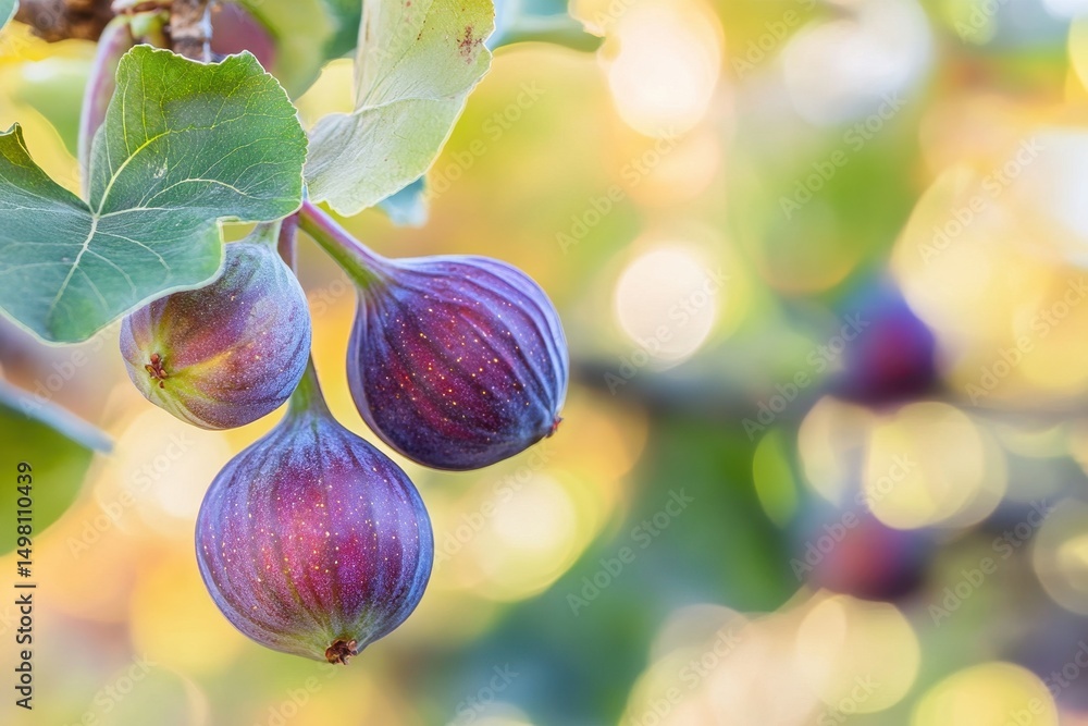 Poster closeup view of ripe figs on tree branch with blurred background of foliage during late summer, clos