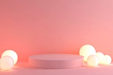 Fototapeta premium Sophisticated, minimalist product display featuring a round, light pink podium draped with flowing pink fabric and accented by two transparent sphere-shaped objects