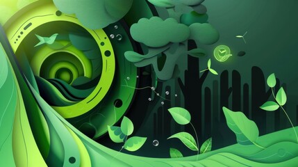Abstract Green Nature Illustration with Leaves and Birds