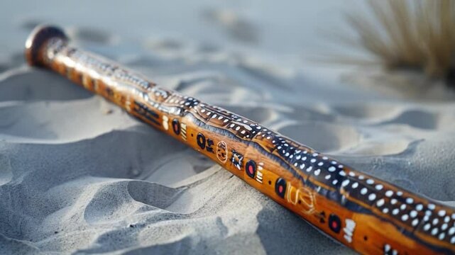 A beautifully crafted didgeridoo resting on sandy dunes, with soft grass in the background
