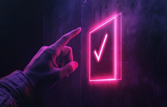 A hand points to a glowing neon pink checkmark
