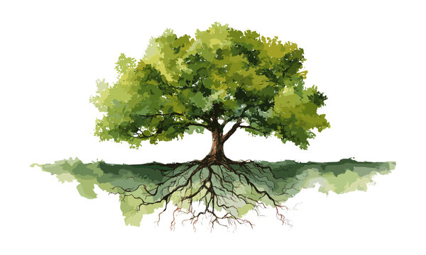Watercolor vector illustration of a tree with detailed roots and green canopy, symbolizing vitality, environmental growth, natural beauty, forest illustration, organic life theme, ecology artwork.