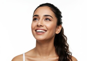 Beautiful Young Woman with Healthy Skin and Bright Smile Looking Up Isolated on White Background