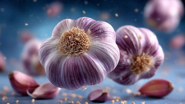 Floating Garlic Bulbs: Two vibrant purple garlic bulbs levitate against a deep blue backdrop, with garlic cloves and bits of garlic falling around them, creating a dynamic and visually striking image.