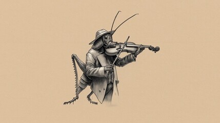 Grasshopper playing violin with dapper hat and coat in surreal sketch art