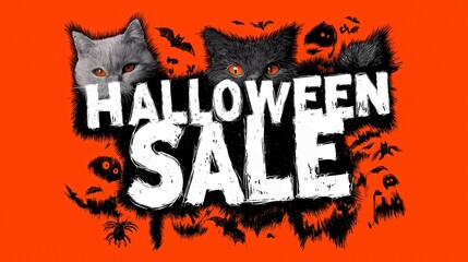 Halloween sale poster with spooky cats and bats on orange background