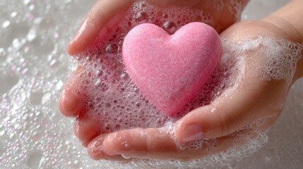 Fototapeta premium Hands holding a pink heart-shaped bath bomb with soap bubbles in the water
