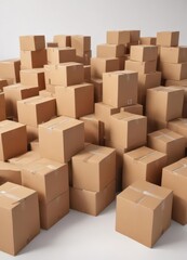 Several brown cardboard boxes arranged on a bright white surface , simple, eco-friendly