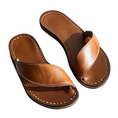 A close-up shot of a pair of sleek, high-quality brown leather sandals, showcasing their craftsmanship and minimalist design. This image is perfect for showcasing summer fashion and footwear.