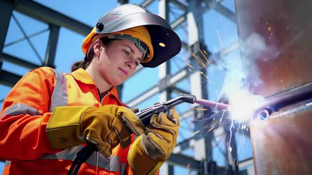 Female welder at construction site wearing orange safety gear and helmet with protective visor. Industrial worker using welding tool on steel structure with sparks flying during metalwork.
