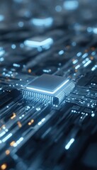 Close-up of a computer microchip on a circuit board with glowing electronic components