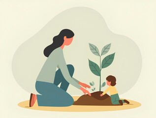 Heartwarming illustration of a woman and child planting a small tree together, symbolizing environmental care, growth, and family bonding. Ideal for educational and nature themes.