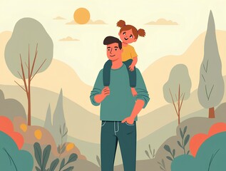 Heartwarming illustration of a father carrying his child on his shoulders, walking outdoors in a natural landscape. Represents paternal love, family adventures, and outdoor recreation.