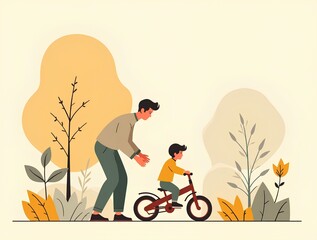 Cheerful illustration of a parent teaching a child to ride a bicycle in a park, surrounded by stylized trees. Captures outdoor activity, learning, and family fun.