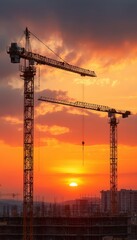 Construction cranes at sunset over urban development site