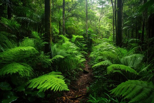 Fototapeta Lush greenery of the tropical rainforest in Australia showcasing vibrant ferns and dense foliage, Green botany vegetation of tropical rainforest, Australia Fern plants