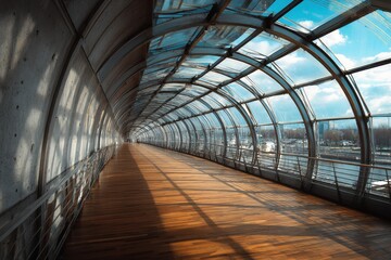 Modern enclosed glass walkway with wooden flooring and city view