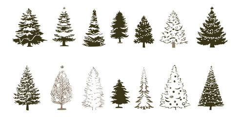 Obraz premium Winter holiday vector illustration, Christmas Trees pictogram set white bg, Xmas decoration icons, pine tree silhouettes, festive season symbols, seasonal celebration graphics.