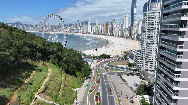 Balneario Camboriu Skyline In Balneario Camboriu Santa Catarina Brazil. Bird Eye View Of Stunning Ferris Wheel In A Amusement Park. Metropole Landscape Buildings Vibrant.