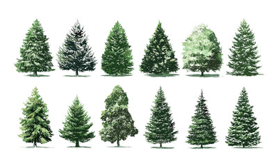 Obraz premium Pine tree Christmas Trees pictogram vector illustration, white background, festive season icons, winter holiday symbols, Xmas tree graphics, seasonal decoration set.