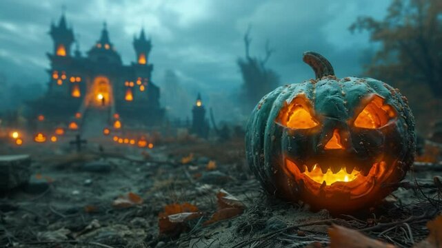 lentera labu halloween di depan rumah hantu