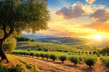 Naklejka premium Beautiful sunset over olive tree plantation in a lush agricultural landscape, Agriculture landscape Olive oil tree plantation
