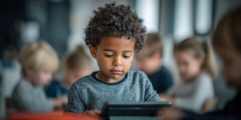 Focused Young Boy Using Tablet in Modern Classroom with Peers
