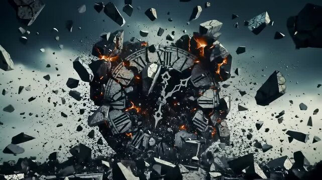 Exploding clock face with roman numerals fragmenting into burning shards against dark background. Time metaphor with fiery pieces flying outward. Apocalyptic destruction symbolizing deadline pressure