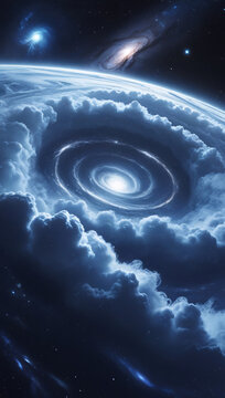 A hyper-realistic 4K scene of deep space showing a massive cloud of water vapor swirling around a distant black hole.