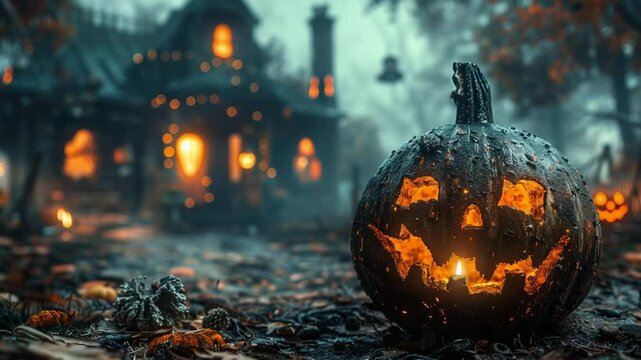 lentera labu halloween di depan rumah hantu