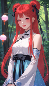 Anime-style image featuring a character with long, red hair styled in twin tails, secured with black ribbons. The character has pale skin and red eyes.
