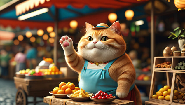 Ultra-realistic 8K image of a chubby, cute orange tabby cat with a round face and big belly, running a small street stall.