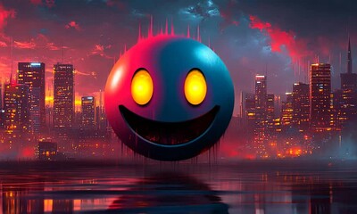 Vibrant cityscape at dusk featuring a large, glowing smiley face in the foreground, reflecting on water - Powered by Adobe
