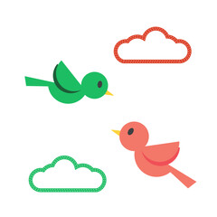 Cute Green and Red Flying Birds with Clouds, Whimsical Kids Illustration - vector 
