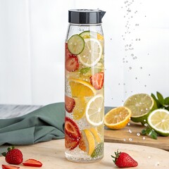 Glass Water Bottle with Fruits Inside"