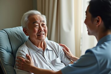 Obraz premium Compassionate Care for an Elderly Chinese Man in a Nursing Home