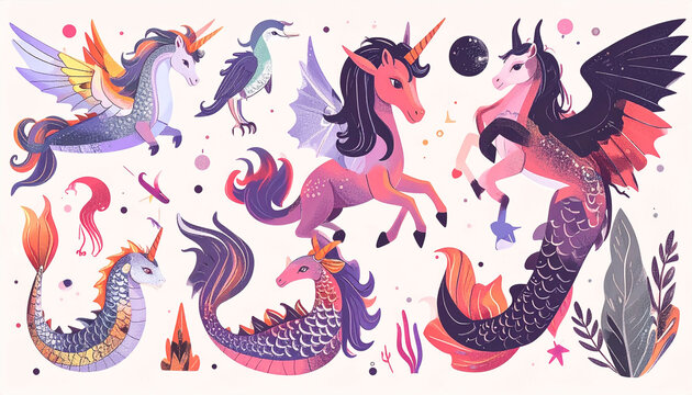 Whimsical collection of winged unicorns, hippocamps, and sea creatures with vibrant scales, manes, and tails, set against a soft white background, incorporating celestial elements