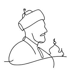 Continuous line drawing of a man with a hat and a mosque shape  