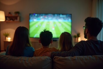 Family of four celebrates as they watch a football game at home