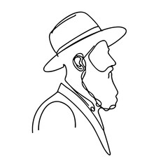 Line art portrait of a man with beard and hat in profile view  